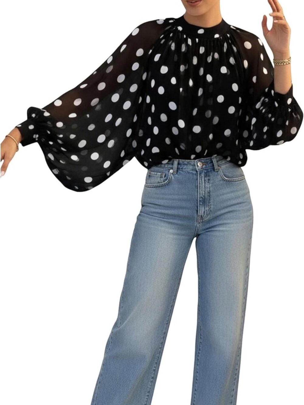 Chic Polka Dot Bishop Sleeve Blouse with Tie Neck | Stylish Mesh Top for Women